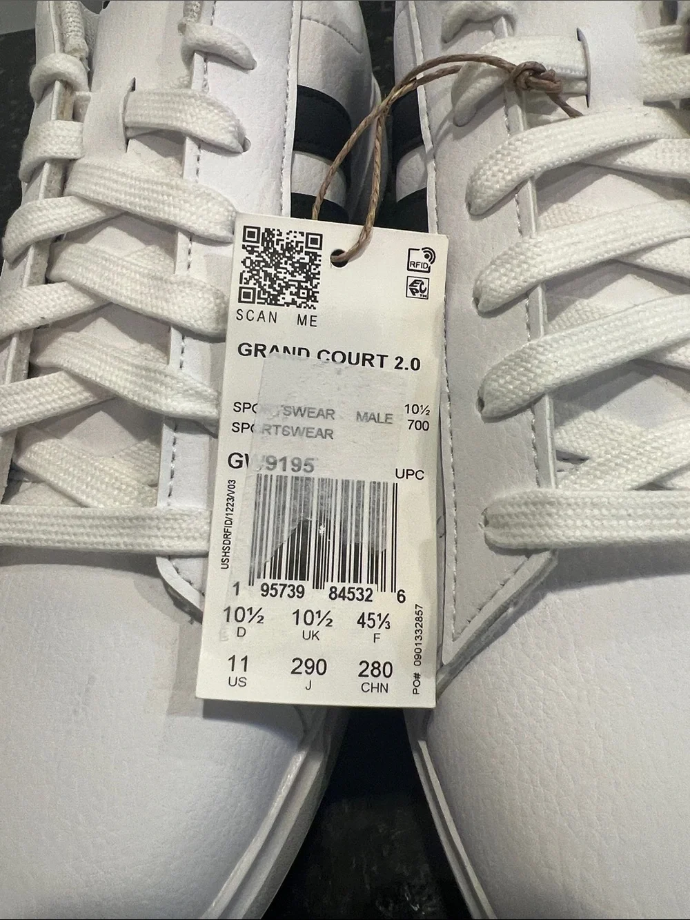 New adidas Grand Court 2.0 White Sneaker with Black Three-Stripes 11 M